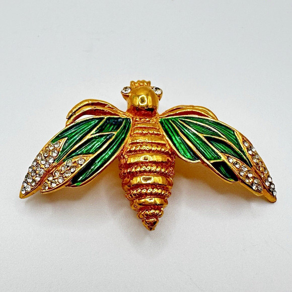 French Designer CARVEN Gold Tone Green Enamel Bee Brooch Pin Modele Depose #1282 - Picture 4 of 12